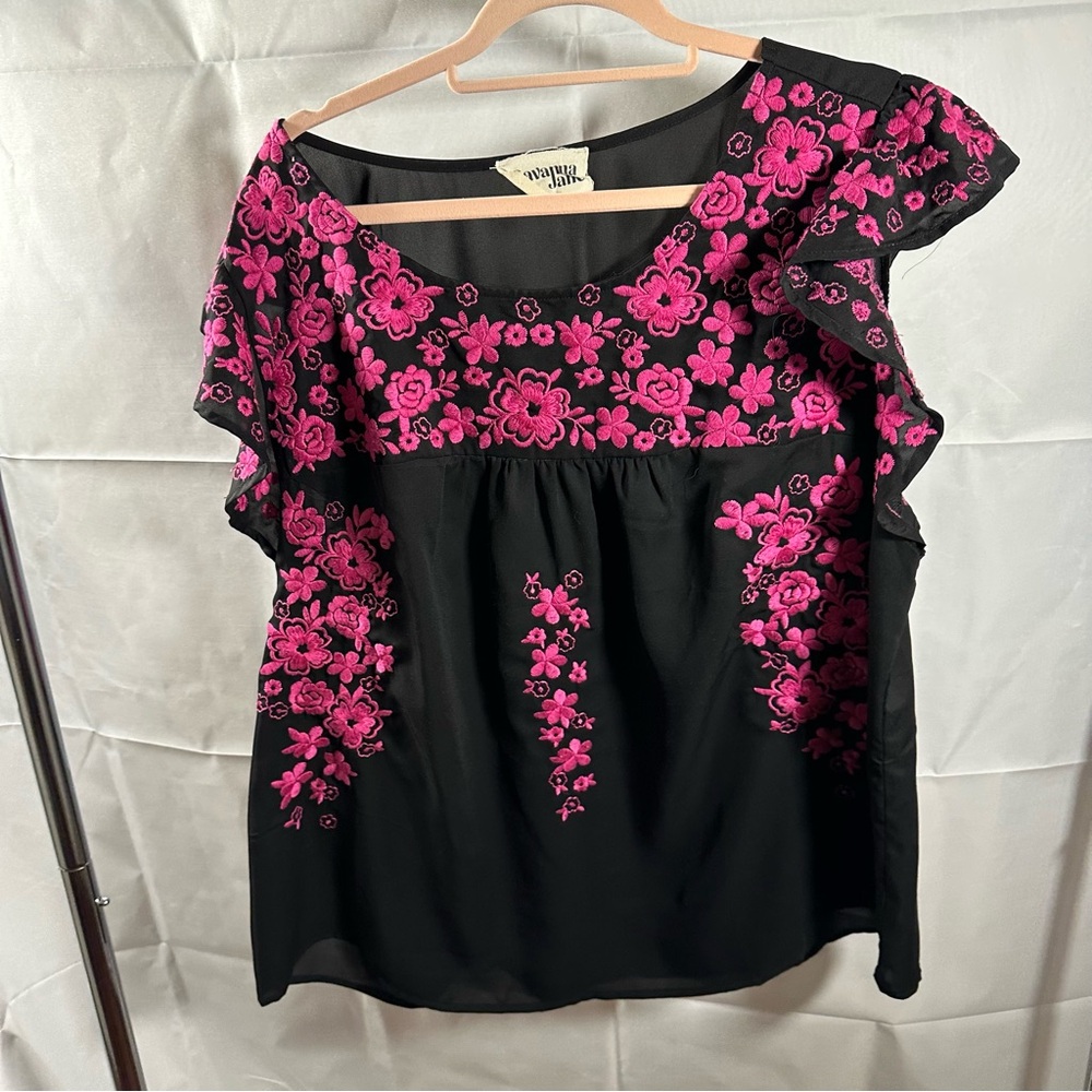 Savanna Jane Black Blouse with Hot Pink Floral Embroidery